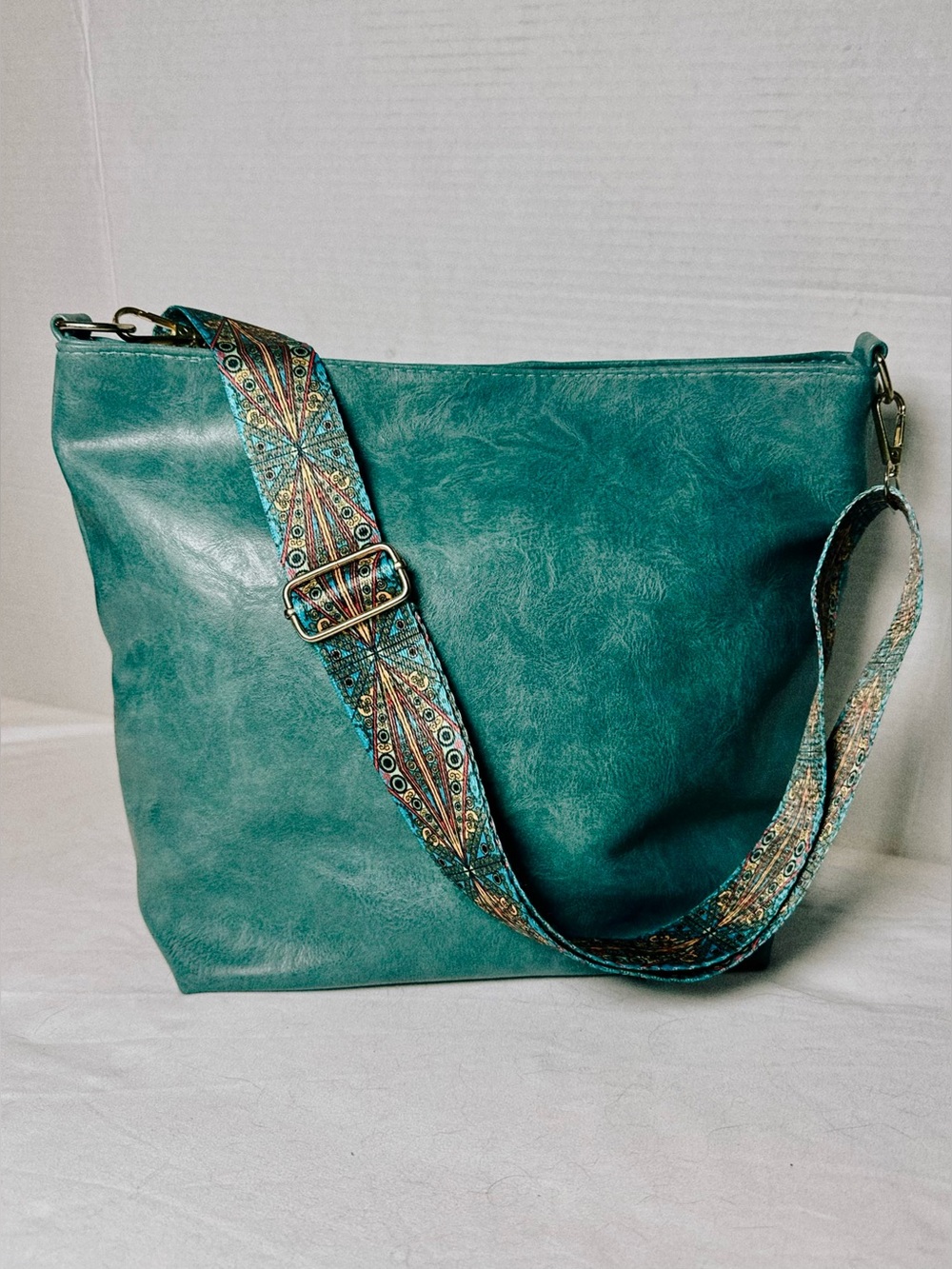 Boho Teal Faux Leather Hobo Shoulder Bag Adjustable Patterned Strap Slouchy Tote